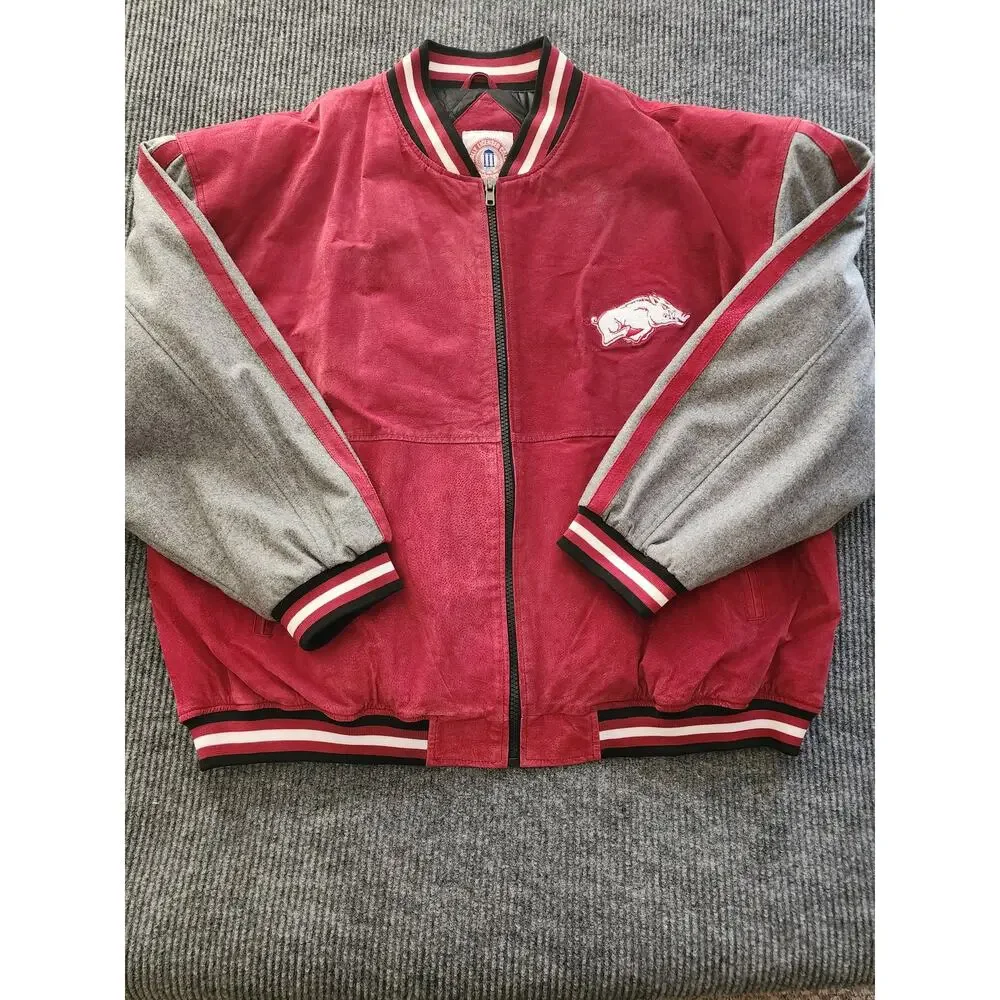 Arkansas Razorbacks XXL Red Gray Leather Suede Quilted Bomber Jacket Collegiate